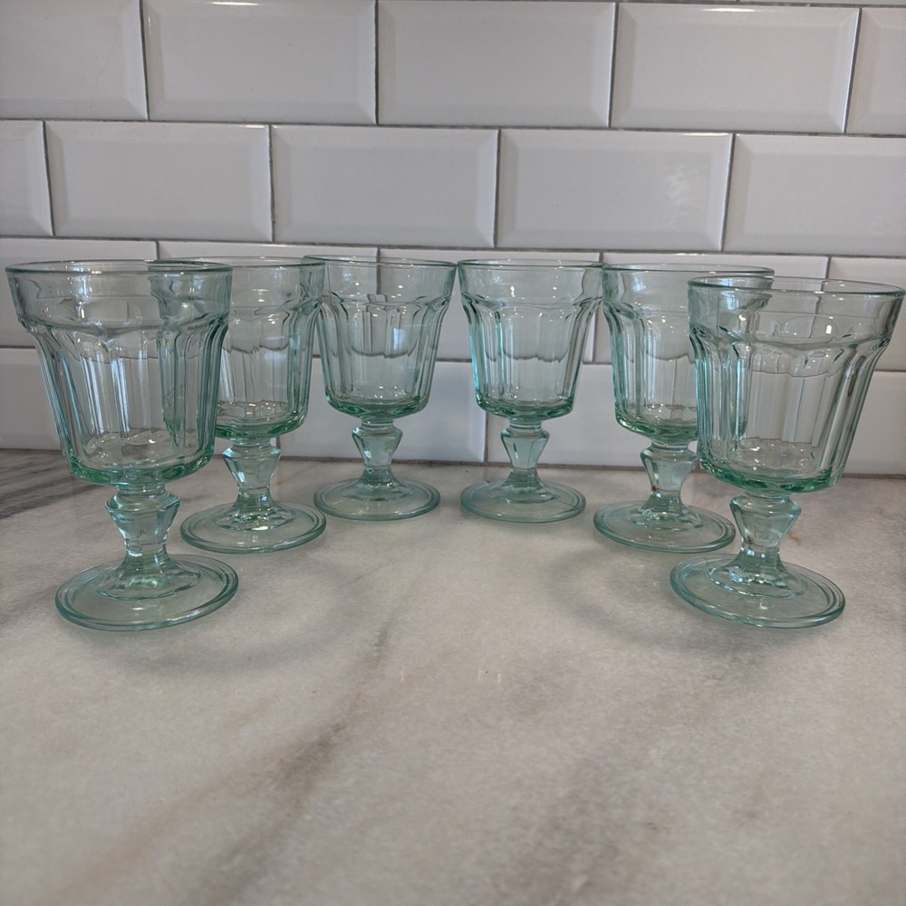 Set Of 6 Vintage Bormioli Rocco Italy Wine Water Panel Green Glass Goblets GW008